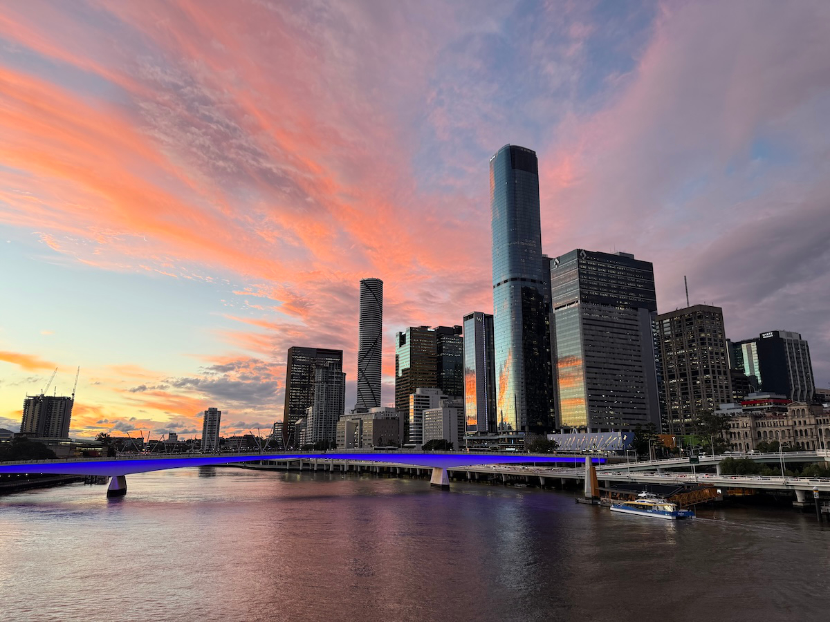 Brisbane skyline at sunset, looking across the river from South Bank